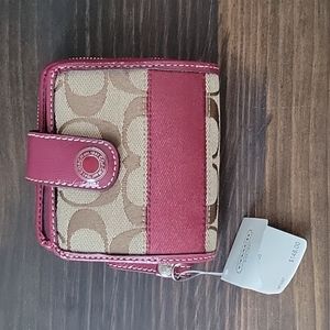 NWT!  Signature C Coach Wallet, Khaki with Cranberry Stripe